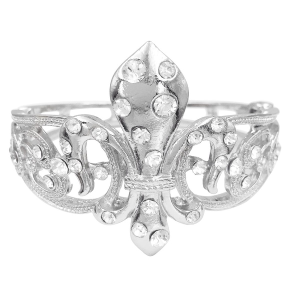 Fleur De Lis Silver Tone Rhinestone Chunky Statement Hinged Bangle Bracelet - Picture 1 of 3